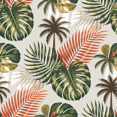 An intricate repeating pattern of tropical foliage, featuring lush green leaves and warm colors that evoke feelings of relaxation and tropical beauty.
