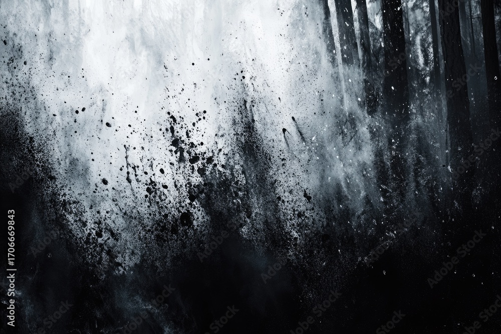 Poster abstract monochrome image depicting a dark forest with a burst of white and black particles, creatin