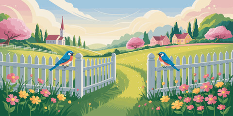 This charming image captures the essence of the countryside, showcasing a welcoming path lined by blooming flowers and a picket fence, inviting exploration and relaxation.