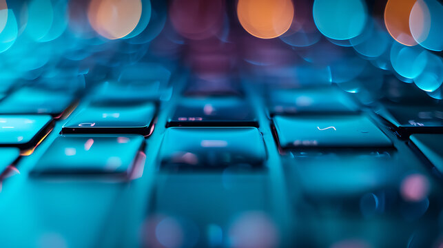 Close-up of a keyboard with blurred colorful bokeh lights in the background, emphasizing technology and digital themes.