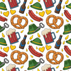 An engaging pattern showcasing beer bottles, mugs, pretzels, and hats that represents the spirit of festivals, great for decor and themed events.