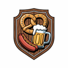 A playful and vibrant design illustrating a beer mug, hot dog, and pretzel presented on a rustic wooden shield, embodying culinary delight and social celebration themes.