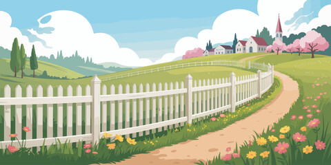 This serene landscape image captures an inviting pathway surrounded by lush greenery, flowers, and a quaint village, evoking feelings of tranquility and peaceful exploration.
