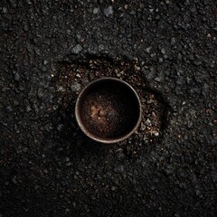 Top down shot of dark wet asphalt coarse coffee grounds spilled cup textured tarmac surface soft daylight contrast highlights everyday street realism aspect ratio 32