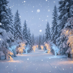 Fototapeta premium Winter Wonderland Holiday Scene with Snow and Lights