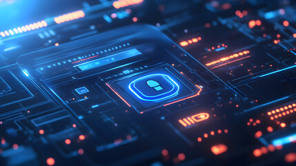 Futuristic interface with glowing blue footprint icon and orange circuit board elements design display