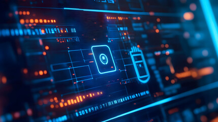 Digital interface with glowing blue icons and orange data points on a dark background technology theme