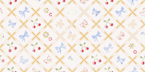 Charming vintage style seamless pattern with butterflies cherries and flowers on a diamond grid background