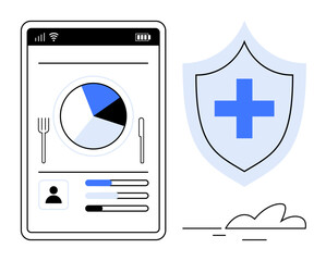 Mobile app screen displaying a pie chart, nutrition details, and user profile, paired with a medical shield for health and data security. Ideal for wellness, health tracking, diet planning
