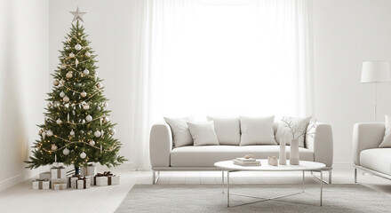 Modern Minimalist Living Room with Decorated Christmas Tree and Gifts