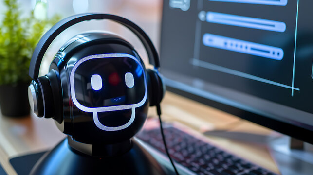 A robotic head with a headset and glowing face features, positioned in front of a computer monitor displaying interface elements.