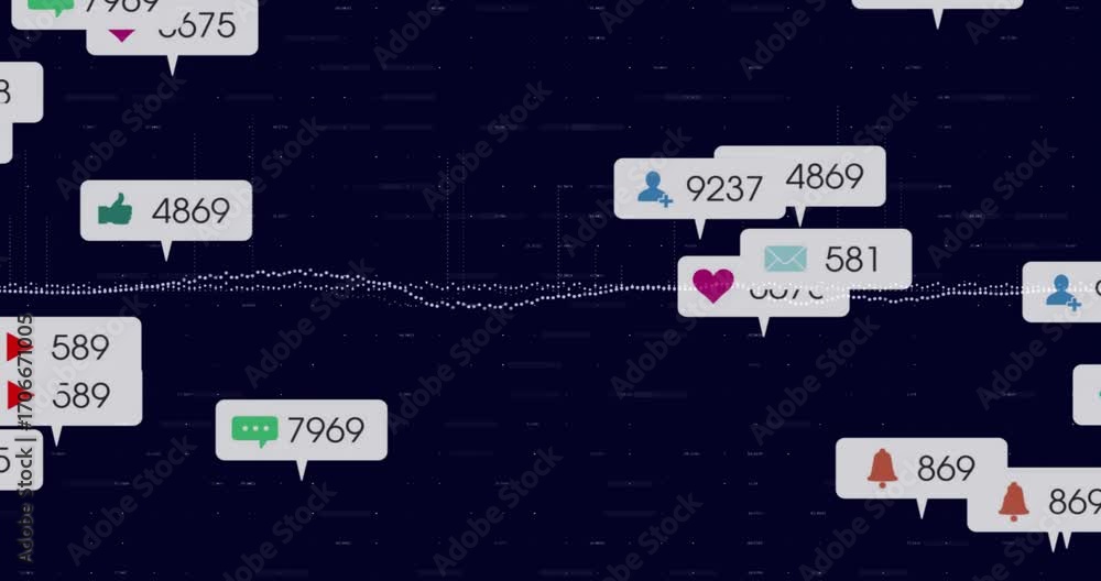 Poster data bubbles sliding from left, clustering along waveform and updating social media metrics