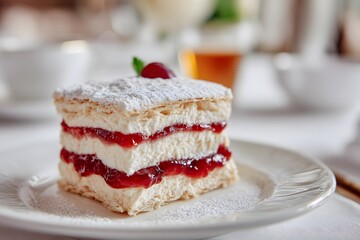 Close-up Austrian dessert Kardinalschnitten layered with cream and raspberry jam.