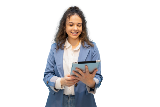 Professional businesswoman reviewing digital tablet, displaying confident smile while working, white background