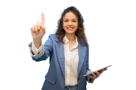Smiling businesswoman pointing index finger up and holding tablet, isolated on transparent background