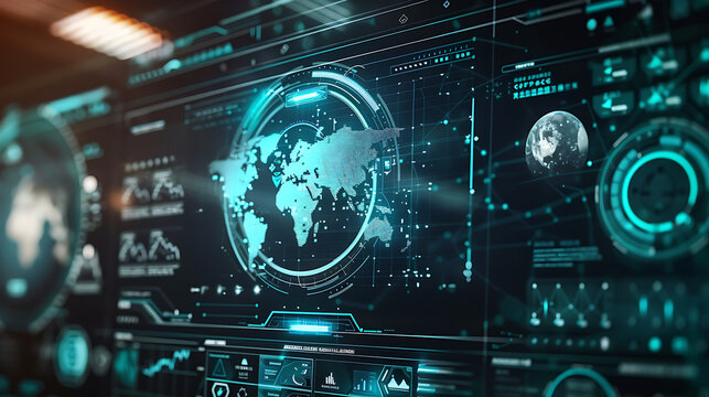 Digital interface displaying global data visualization with world map, analytics, and futuristic UI elements