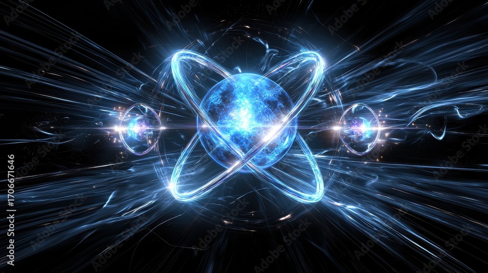 Aufkleber a futuristic and dynamic visualization of an atomic energy concept featuring a glowing luminous atom