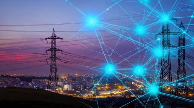 A sprawling urban skyline with a complex network of high voltage power lines and transmission towers illuminating the city at dusk under a colorful sunset sky