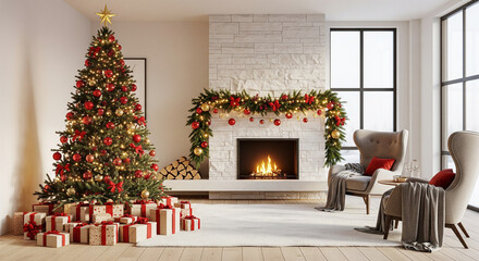 Cozy Living Room with Decorated Christmas Tree and Fireplace