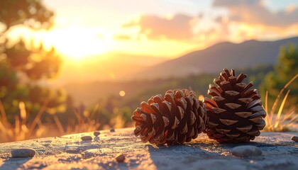 Two pine cones on a rock at sunset