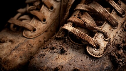 Heavily Mud-Covered Brown Athletic Shoes with Grimy Laces and Textured Dirt