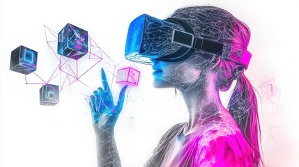 A young woman with a ponytail wearing a virtual reality headset immersed in a vibrant abstract digital world filled with geometric shapes holographic cubes