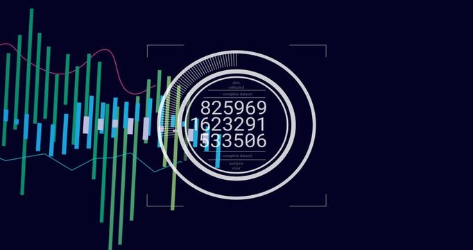 Opening on navy backdrop, ring rotating, bars sliding into chart, readouts cycling displaying data