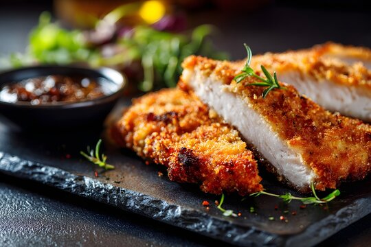 Juicy schnitzel cut in half on black slate plate with creamy dipping sauce.