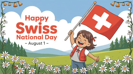 A charming illustration of a joyful girl celebrating Swiss National Day by waving the national flag in a scenic alpine meadow