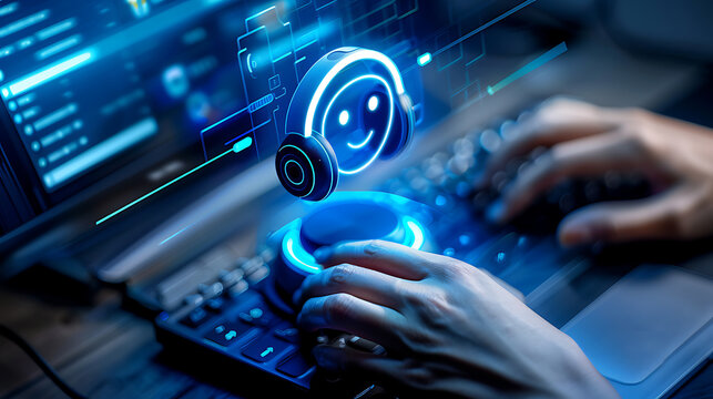 Person using a computer with a holographic smiley face and headphones floating above the keyboard, illuminated by blue digital effects.