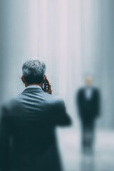 Business Call & Distant Figure: A sharply dressed figure engages in a business call, facing towards a distant, blurred representation of a potential client or associate.