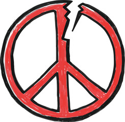 A stylized hand-drawn peace sign that is cracked and broken at the top