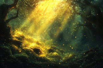 Fototapeta premium Enchanted forest scene with golden light rays, fireflies, and lush greenery.