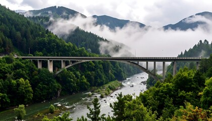 Mountain river bridge in mist
