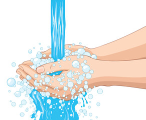Hands under streaming water with bubbles surround them