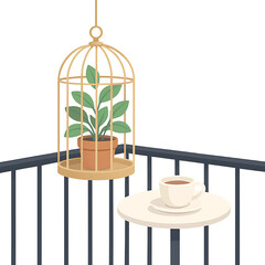 Cozy balcony scene with a potted plant in a birdcage and a cup of coffee on a small table