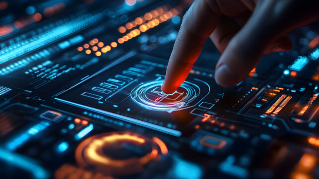 Close up of a finger touching a digital screen with glowing interface and data visualization