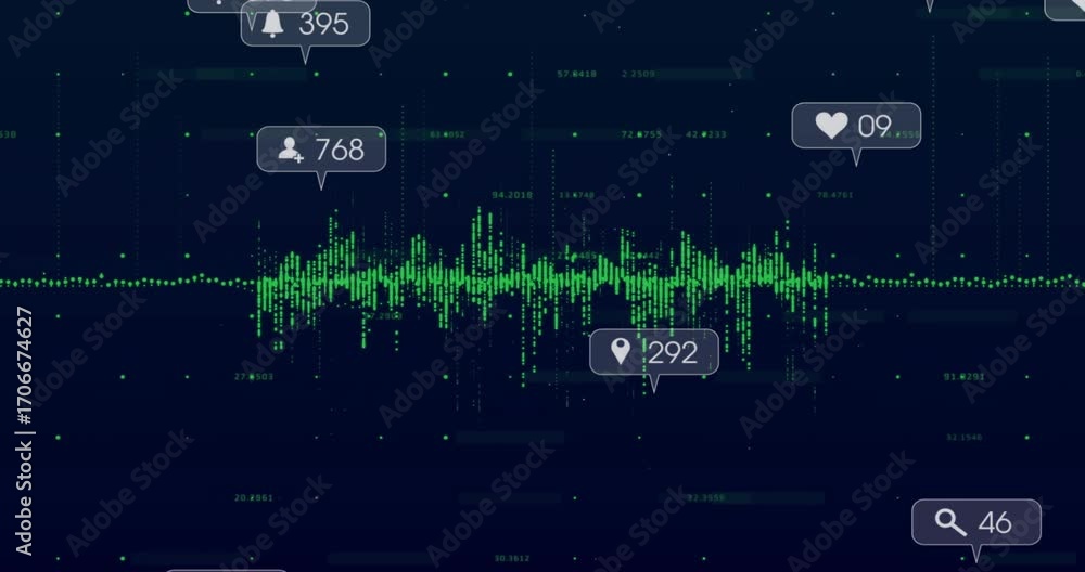 Poster data pulses driving green line waving while engagement icons popping and clustering to show metrics