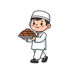Happy cartoon Muslim child character holding a plate of sweet date fruits for breaking the fast during the holy month of Ramadan