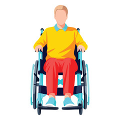 Man in wheelchair facing forward Yellow sweater red pants blue shoes blond hair faceless