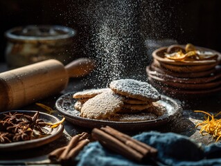 Winter baking close up powdered sugar falling gingerbread cookies cinnamon sticks orange zest soft light from the side Add parchment paper wooden rolling pin and rustic ceramic plates