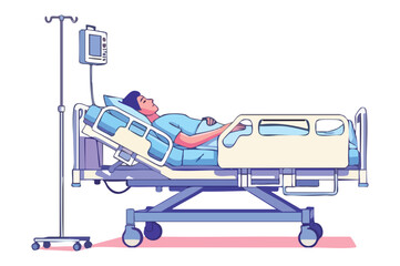 Patient in hospital bed with IV pole