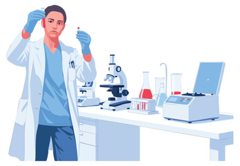 Scientist in lab coat examines vials amidst equipment like microscopes beakers and a centrifuge