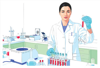 Scientist in lab coat holds red liquid vial surrounded by lab equipment