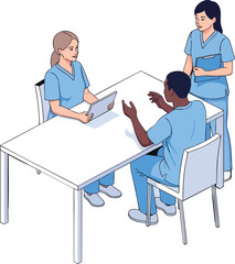 Two medical staff seated at a table with a standing colleague