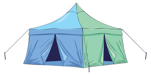 A blue  green camping tent w center top point 2 open door flaps ropes stakes on a white background