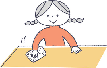 テーブルを拭く女の子