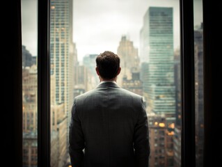 Fototapeta premium Visionary Above the Cityscape: An ambitious individual gazes out a panoramic window upon a towering cityscape. It is an embodiment of aspiration and looking at future.