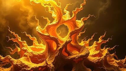 A gravity-defying golden fractal structure engulfed in chaotic energy waves, radiating molten brilliance.
