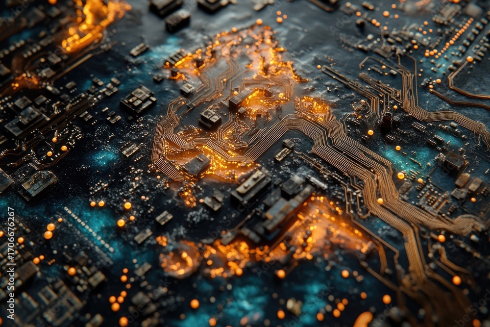 Poster close-up of illuminated circuit board showcasing intricate pathways and components, representing tec
